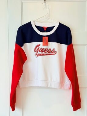 GUESS Colorblock Crewneck Sweatshirt in Navy, White & Red